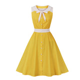 Summer Elegant A Line 1950s Style Retro Dress Bow Neck Dot Print Patchwork Sundress Flare Short Sleeve Button Party