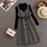 Autumn Winter Woman Long Sleeves Knitted T-shirt + Tweed Blend Plaid Dress 2 pcs sets Female Outfits Free