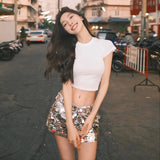 Champagne Sequin Mini Skirts For Women Fashion Sexy Shiny High Waist Aline Skirt Purple Glitter Evening Party Club