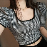 T-shirt women's 2022 summer new high-quality French plaid cropped collarbone square collar short