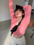 Korean Candy Colors Cashmere Mohair Cardigan Women Purple Crop Tops Autumn Deep V-neck Knitted Sweaters Fashion