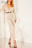 Women Party Jumpsuit Elegant Sexy V Neck Female Loose Wide Leg Playsuits Ladies Long Sleeve Overalls Clubwear