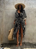Sexy Black Retro Striped Batwing Sleeve Self Belted Plus Size Long Kimono Tunic Women Tops and Blouses Shirts