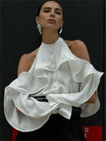 White High Neck Ruffled Cut Out Shirt- Outfit