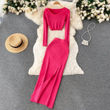 Zingj Ripe Wind Two Sets Female Summer Temperament Short Long Sleeve T Shirt Top High Waist Slim Slit Hip Long