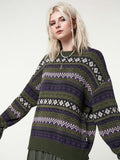 Womens Y2K Grunge Autumn Winter Casual Sweater Long Sleeve Round Neck Vintage Pattern Print Knitwear