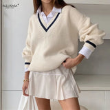 Women V Neck White Casual Preppy Style Korean Long Sleeve Jumpers Ladies High Street 2021 top Autumn Winter