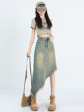 Zingj High Waist A-Line Denim Skirt Skirt Female Spring And Autumn Irregular Design Sense Long Skirt Small Tassel