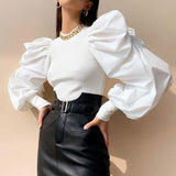 OL Women Ladies Long Puff Sleeve Blouse Spring Fall Fashion Elegant Shirts Top Solid Color Female Mujeres Blusas