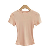 Zingj Trend Women's Wear Thread Slim Short-Sleeved T-Shirt Sexy Round Collar Solid Color Shoulder Show Thin Short Navel