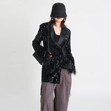 2025 New V-Neck Long Sleeve Sequin Ostrich Splicing Suit