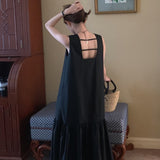 Zingj Chic Summer New Dew Back Loose Sleeveless Vest Skirt Flounce Skirt Place Splicing Long Dress