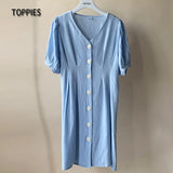 Summer Linen Dress Woman Short Sleeve Slim A-line Mini Dress V-neck Single Breasted vestidos mujer