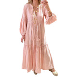 Spot 2025 Autumn New Women's Fashion V-Neck Bubble Sleeve Bohemian Cotton Linen
