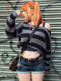 E-girl Streetwear Black Striped Ribbed Oversized Sweaters Y2K Mall Goth O-neck Long Sleeve Knitted Crop Pullovers