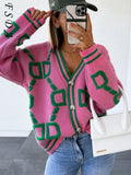 2021 V Neck Long Sleeve Caridigan Women Green Autumn Winter Knitted Sweater Loose Casual Fashion Jumper Tops