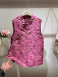 Chinese Style Button-Up Blouse Women Summer 2024 New Socialite Rose Red Flowers Loose Horse