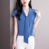 Female Short Sleeve OL Commuter Wind Elegant Mulberry Silk Jacket Bow Ribbon