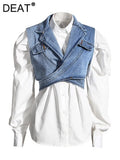 2023 new Autumn And Autumn fashion denim Vest and white cotton shirt two pieces single breasted top