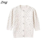 Women Fashion Front Jewel Button Knit Cardigan Sweater Vintage O Neck Short Sleeves Female Outerwear Chic