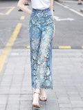 Summer New Slim And Versatile Hollow Out Lace Stitching Denim Pants Women High Waist Wide Leg Pants Female Casual