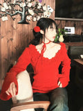 Red 3D Flower Off-Shoulder Long Sleeve Top-Outfit