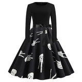 Women Pumpkin Print Party Dress Black Streetwear Gothic Long Sleeve O Neck Vintage Casual Robe Femme Halloween