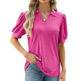 Zingj / Summer 2024 New Lapel Solid Color Bubble Sleeve Short Sleeve Loose T-Shirt Women-Outfit