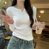 Super-Good-Looking Hollowed-Out Jacquard Three-Button Long-Sleeved T-Shirt Women's Spring And Autumn 2024 New Undershirt