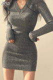 Sexy V-Neck Slim Ribbed Knitting Bodycon Dress for Women Korean Long Sleeve Sweater Mini Dresses Autumn Winter 2023