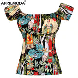 Women Vintage Blouse Tops Slash Neck Puff Sleeve 50s 60s Retro Cotton Slim Fit Streetwear Rock Punk Party