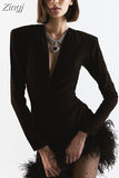 V-Neck Long Sleeve Feathers Bandage Mini Dress Winter Women Black Feathers Asymmetrical Slim Dress Evening Party Club