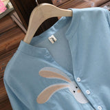 clothes for women Rabbit Embroidery Dress V-neck Drawstring Blue Femininos Vestidos Short Sleeve Elegant Dress 4618