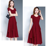 Women's Solid Color Summer Slim Swing Dress Crew Neck Elegant Office Versatile Slim Women Dresses