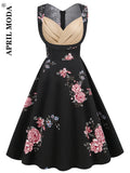 Women Party Rockabilly Vintage Midi Dress Sweetheart Sleeveless High Waist Floral 50s Robe Cotton Swing Flare