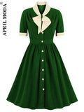 Vintage Midi Dress Women Summer 50s Bow Collar Elegant Office Casual Button Shirt Jurk Ladies Retro Rockabilly