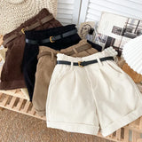 Rolled Wide-leg Shorts Women Korean Retro Elastic Waist Loose Casual Short Pants With Belt Loose A line Shorts