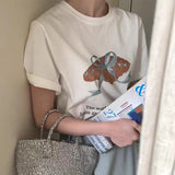 Zingj East Gate Spring Minority Age Reduction Round Collar Tie Bow Print Loose Versatile Short-Sleeved T-Shirt
