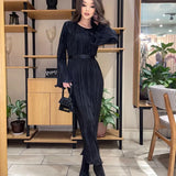 Zingj Women's Fall 2023 New Round Collar With Horn Long Sleeves Long Pleated Dress-Outfit