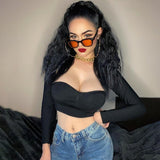 Women Long Sleeve Round Neck T-Shirt Skinny Tops Chest Cut Out Sexy Black Crop Top Autumn Tee Shirt Cropped