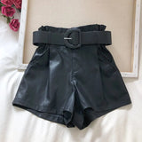 New PU Leather Shorts Women Shorts All-match Sashes Wide Leg Short Ladies Sexy Leather Shorts Autumn