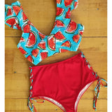 New Sexy High Waist Bikini Set Two Pieces Swimwear Women Print Ruffle Bandage Swimsuit Bathing Suit Beachwear