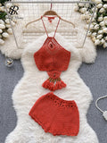 Bohemian Knit Two Pieces Suits Women Lace Up Halter Tassel Backless Tops+Hook Flower Hollow Out Shorts Sexy Beach