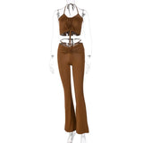 Y2K Streetwear Sexy Bandage Blue Co-ord Suits 2000s Fashion Drawstring Halter Top and High Waist Flare Pants 2 Piece