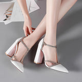 SGESVIER Patent Leather Women Pumps Spring Shoes T-strap Pointed Wedding Pumps Sexy Cut Outs Thick Heel Dress Party Shoes