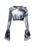 Cropped Flare Cuffs Mesh Blouse- Outfit