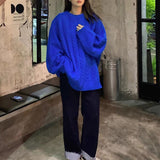Zingj Blue Autumn Winter New Round Collar Thick Knit Jacket Korean Fashion Loose Lazy Wind Senior Sweater Woman-Outfit