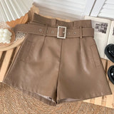 New PU Leather Shorts Women Shorts All-match Sashes Wide Leg Short Ladies Sexy Leather Shorts Autumn