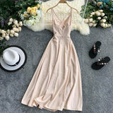 Ladies Sexy V Neck Spaghetti Strap Dresses Summer Backless Split Slim Long Dress Women Casual Beach Holiday