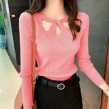 Winter Hollow Out Sexy Solid Sweater Ladies Elegant Fashion Slim Bottoming Knitting Pullover Tops Women Casual